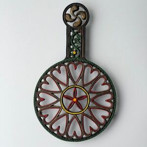 Vintage Wilton Cast Iron Trivet Hearts Floral Hand Painted Cottagecore Rustic
